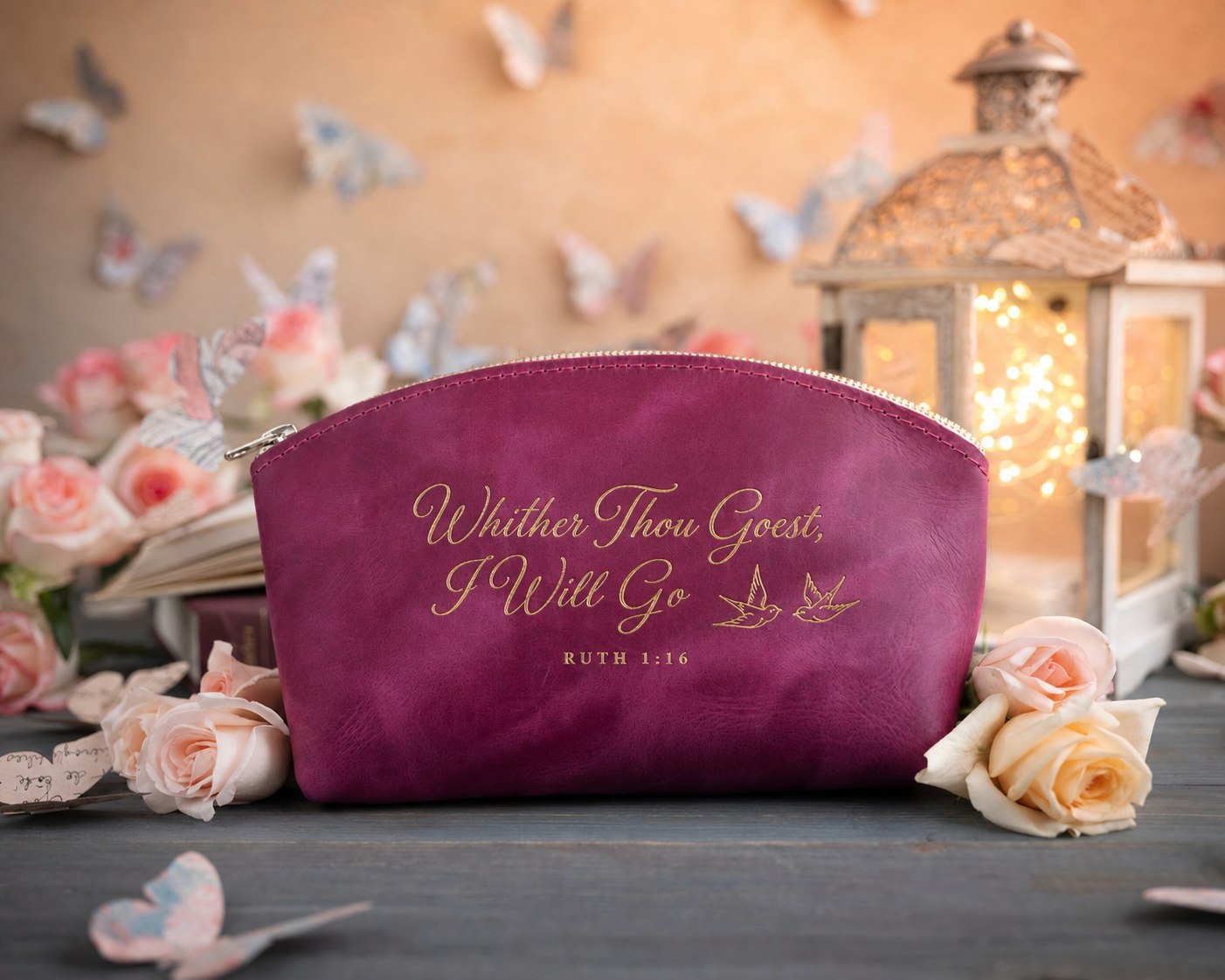 Whither Thou Goest, I Will Go Ruth 1:16 Fuchsia full-grain leather makeup bag, Christian scripture gift