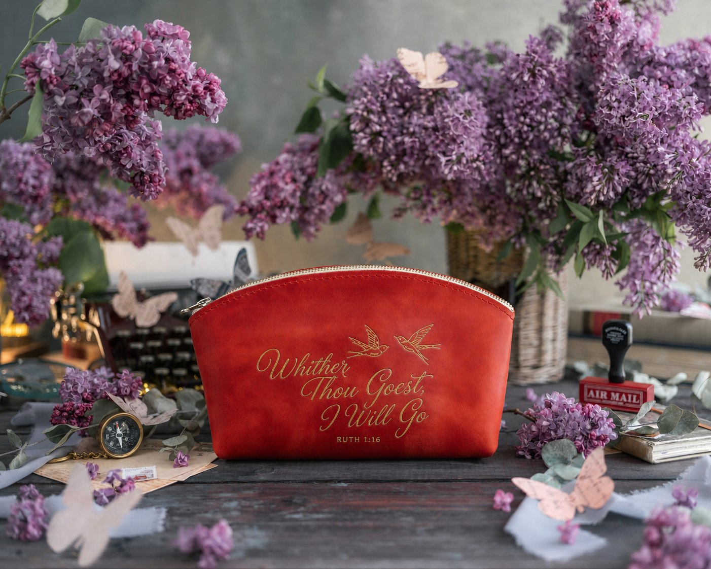 Whither Thou Goest, I Will Go Ruth 1:16 Poppy Red full-grain leather makeup bag, Christian scripture gift