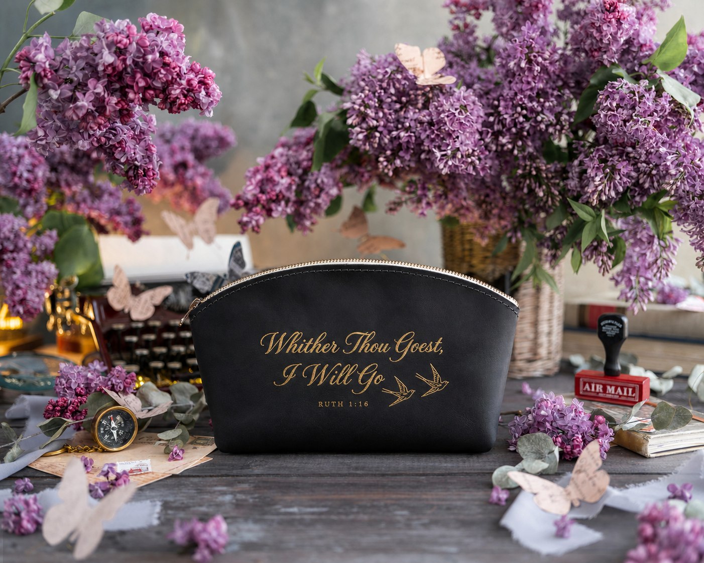 Whither Thou Goest, I Will Go Ruth 1:16 full-grain leather makeup bag, Christian scripture gift