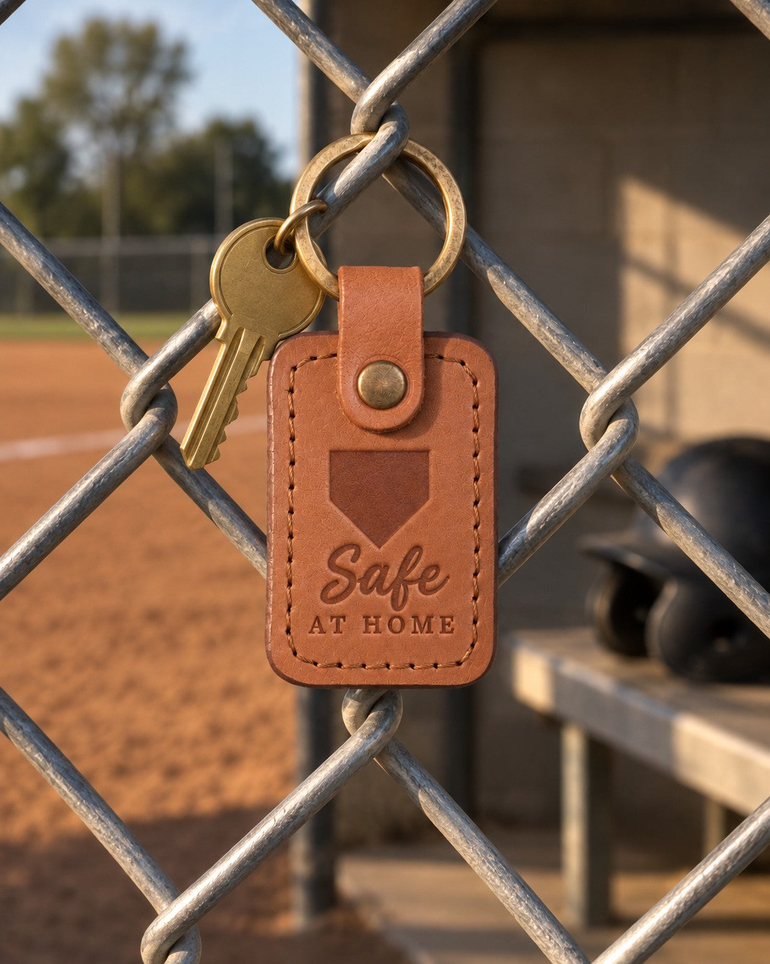 Caramel Safe at Home keychain on house keys hanging by a front door beside a baseball cap