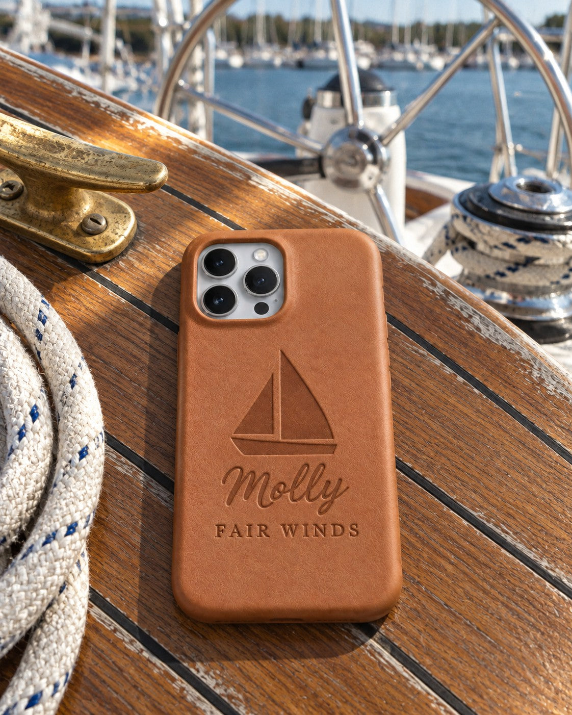 Caramel Molly FAIR WINDS iPhone case in full-grain leather on the worn teak cockpit table of a sailboat beside a coiled white dock line