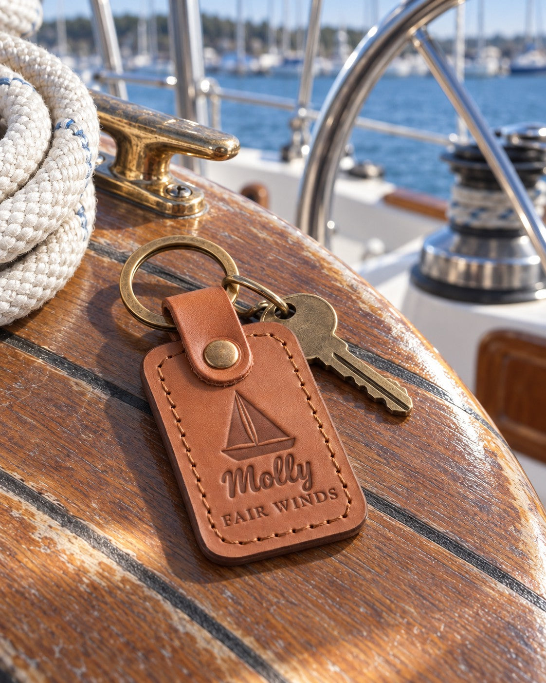 Caramel Molly FAIR WINDS keychain in full-grain leather on the worn teak cockpit table of a sailboat beside a coiled white dock line