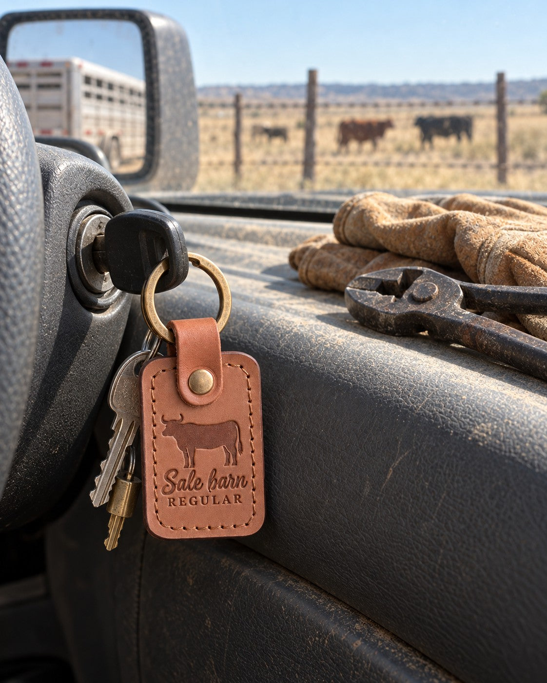 Caramel Sale barn REGULAR keychain on the ignition key of a ranch pickup, work gloves resting on the dash