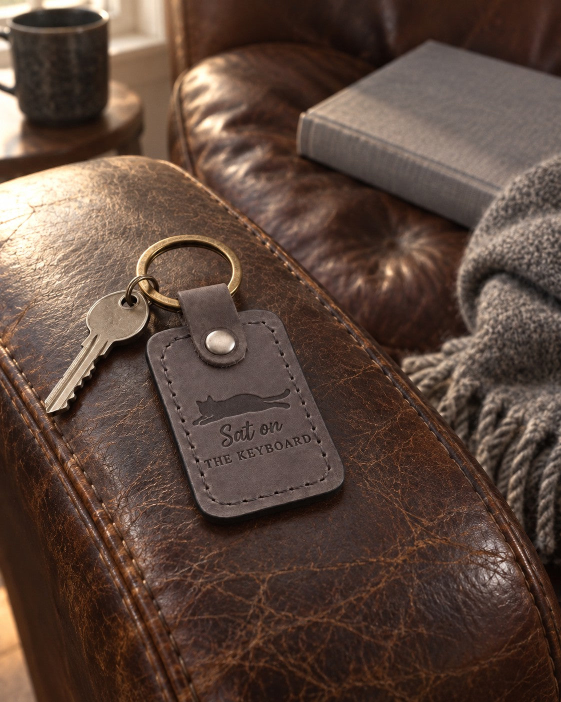 Gray Sat on the Keyboard keychain lying beside a laptop keyboard on a home office desk