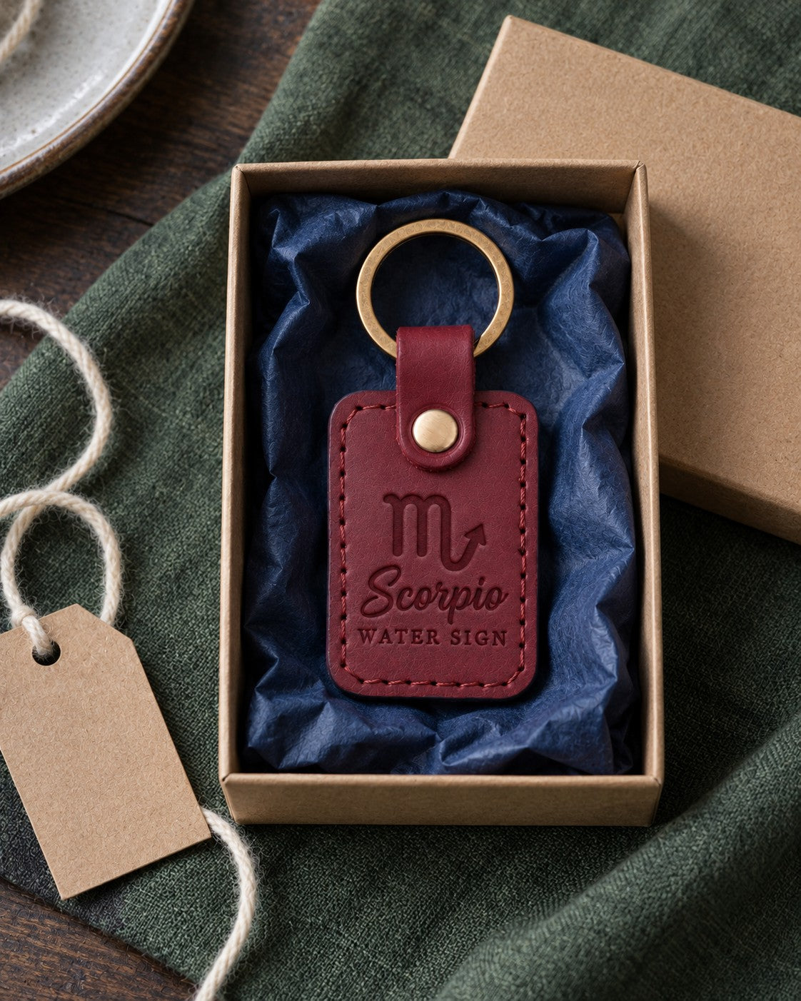Wine red Scorpio keychain on a key ring beside a mug of cider on an autumn porch table