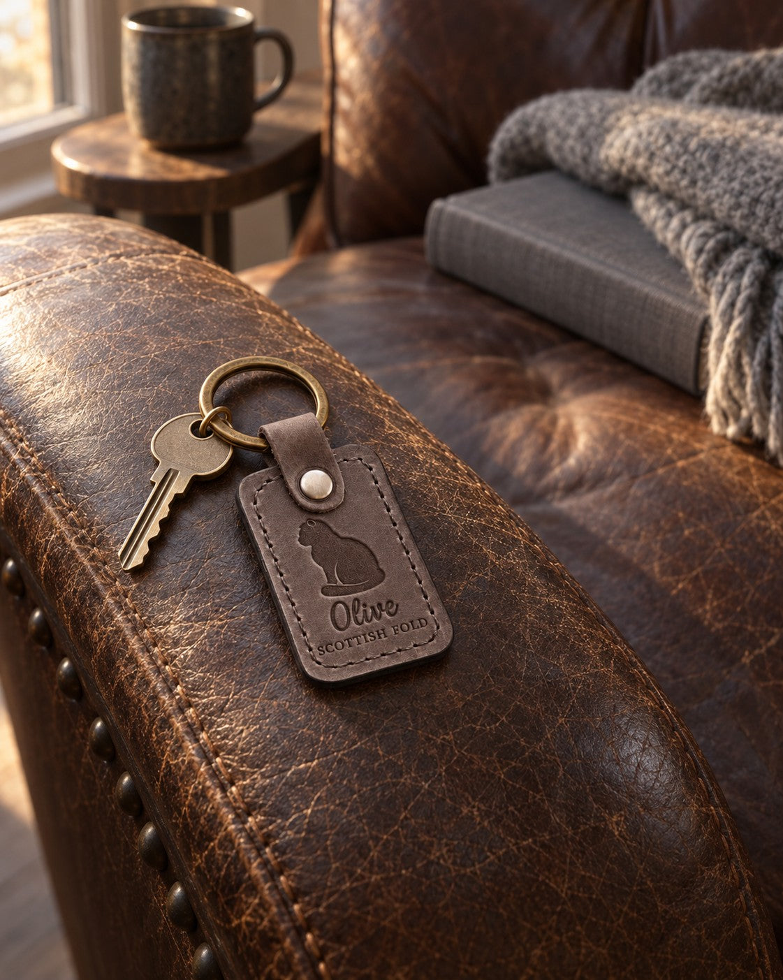 Olive SCOTTISH FOLD keychain in gray leather on a reading chair beside a folded blanket