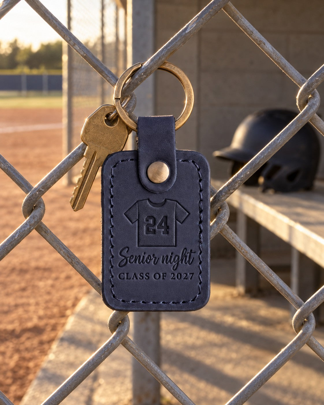 Navy Senior Night keychain held in a player's hand on a field under stadium lights