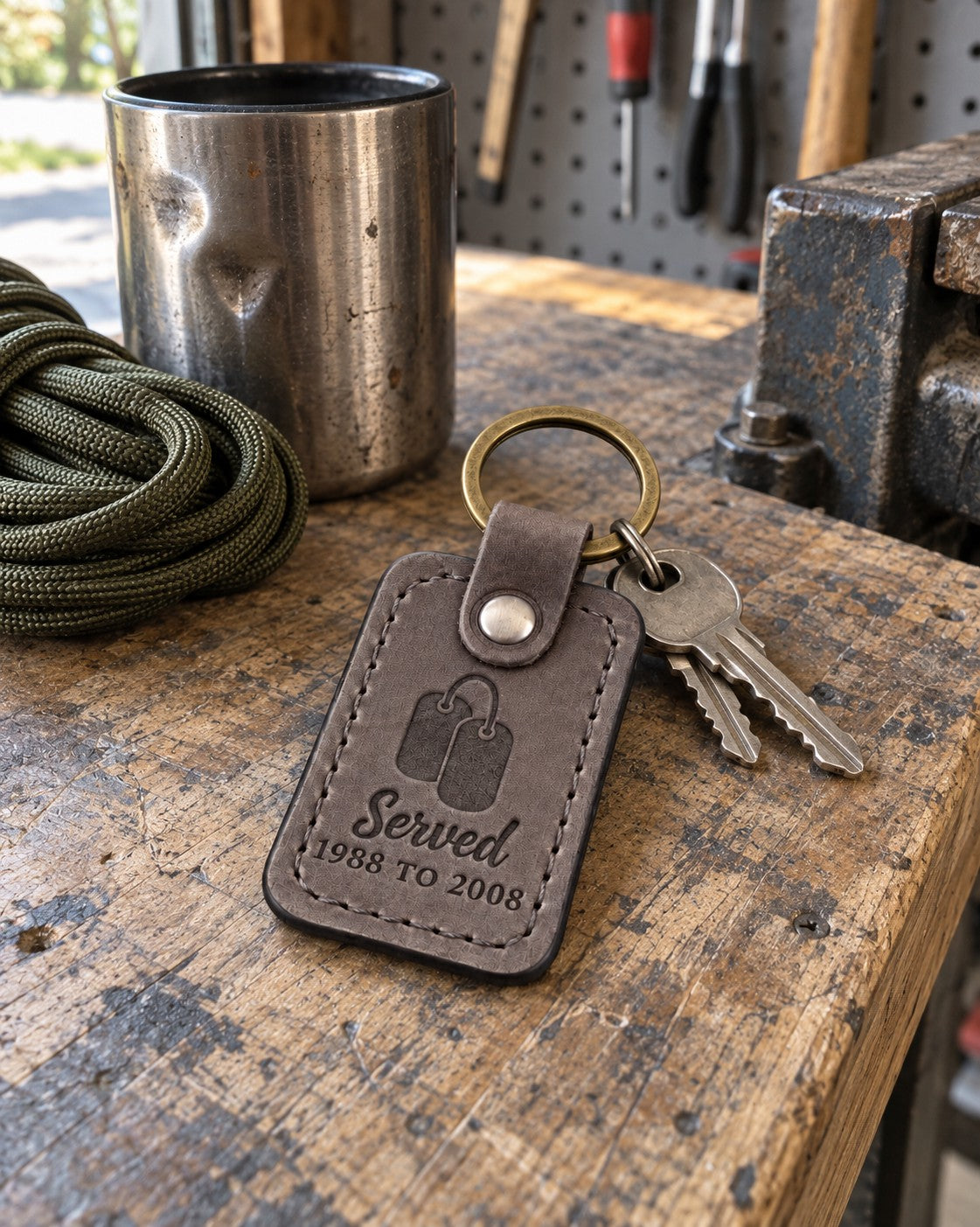 Gray Served 1988 TO 2008 keychain on a key ring beside a folded flag in a wooden display case