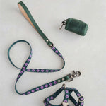 Small dog harness and leash set in Lilac Posy webbing with a leather poop-bag holder