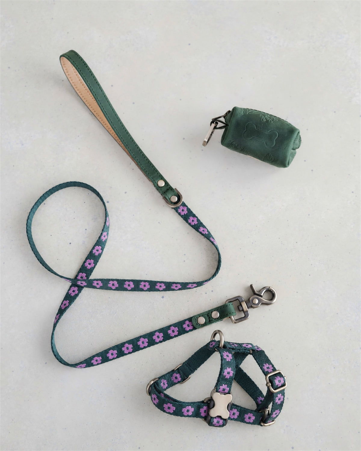 Small dog harness and leash set in Lilac Posy webbing with a leather poop-bag holder