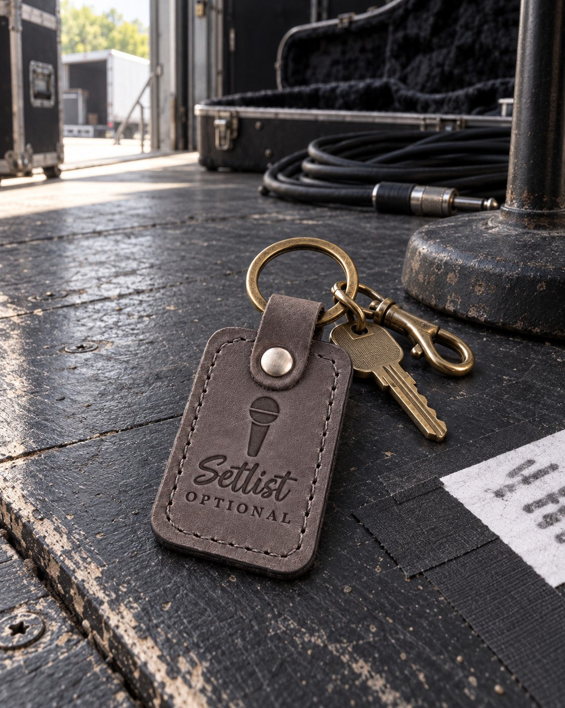 Setlist Optional keychain in gray leather lying on a stage floor beside a taped handwritten setlist