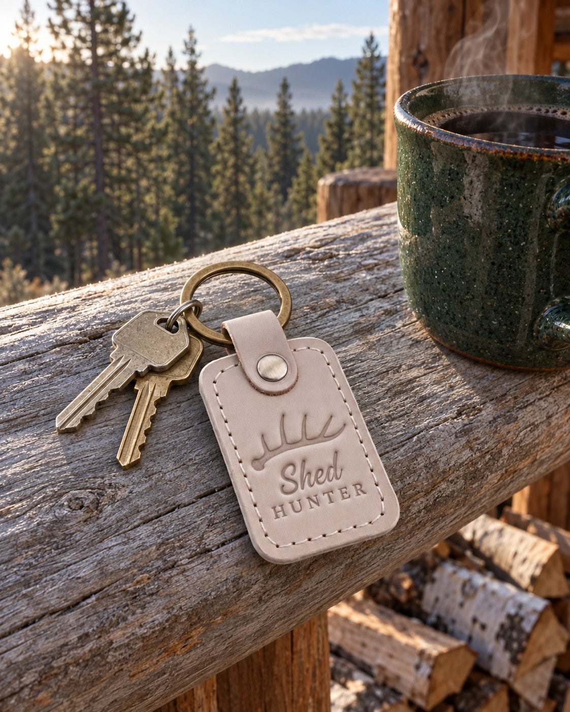 Shed Hunter keychain in pale gray leather resting on a found whitetail antler in matted spring grass