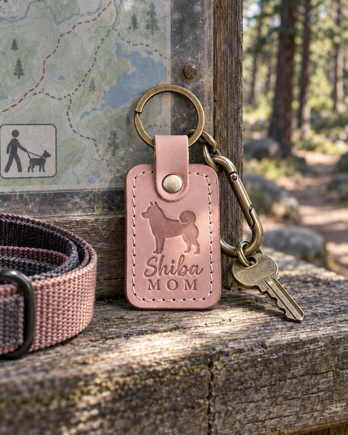 Blush pink Shiba Mom leather keychain placed in a warm everyday setting