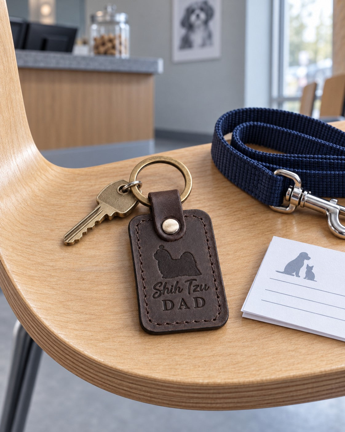 Dark espresso Shih Tzu Dad leather keychain held in a warm everyday setting