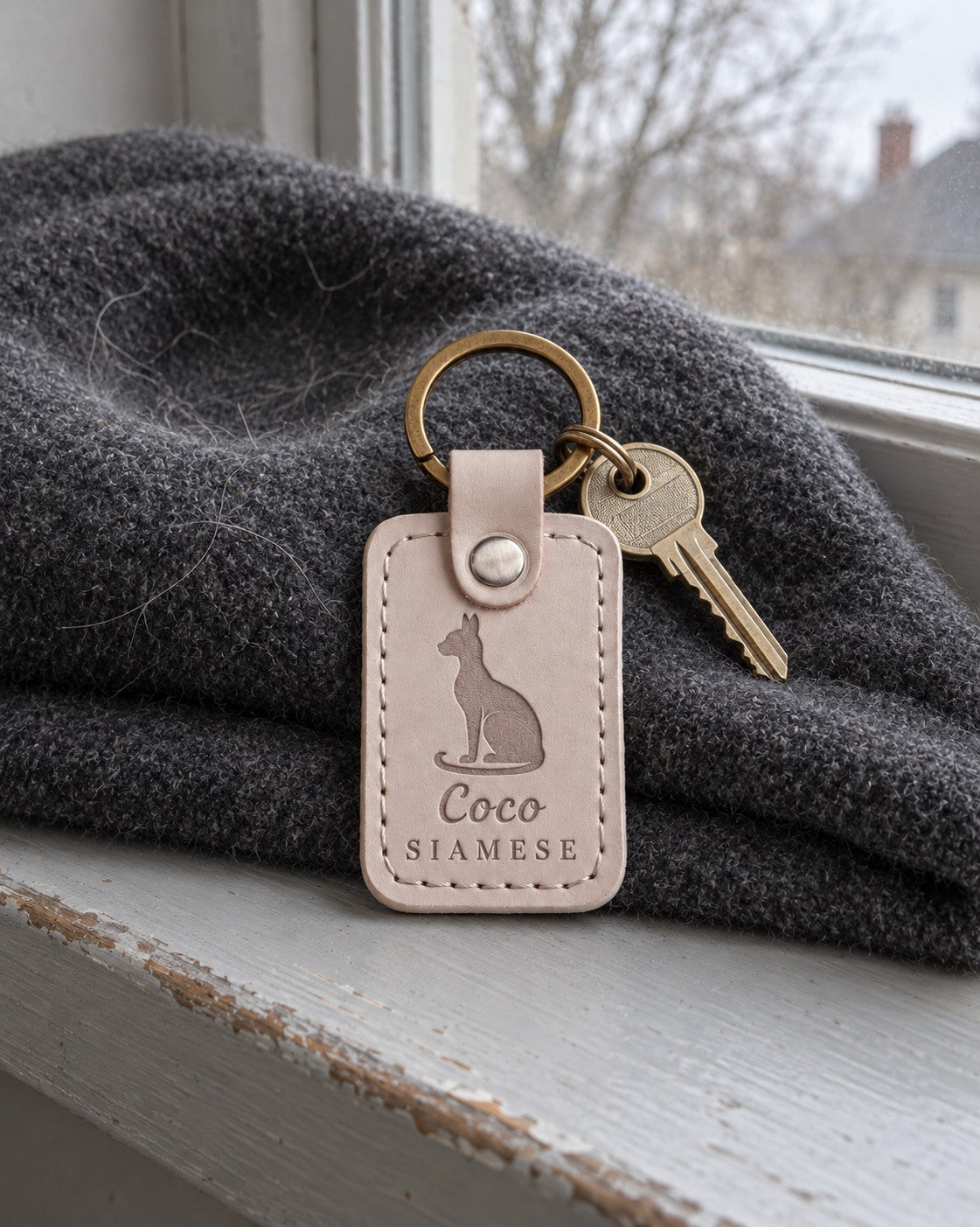 Coco SIAMESE keychain in pale gray leather on a bright windowsill beside potted herbs