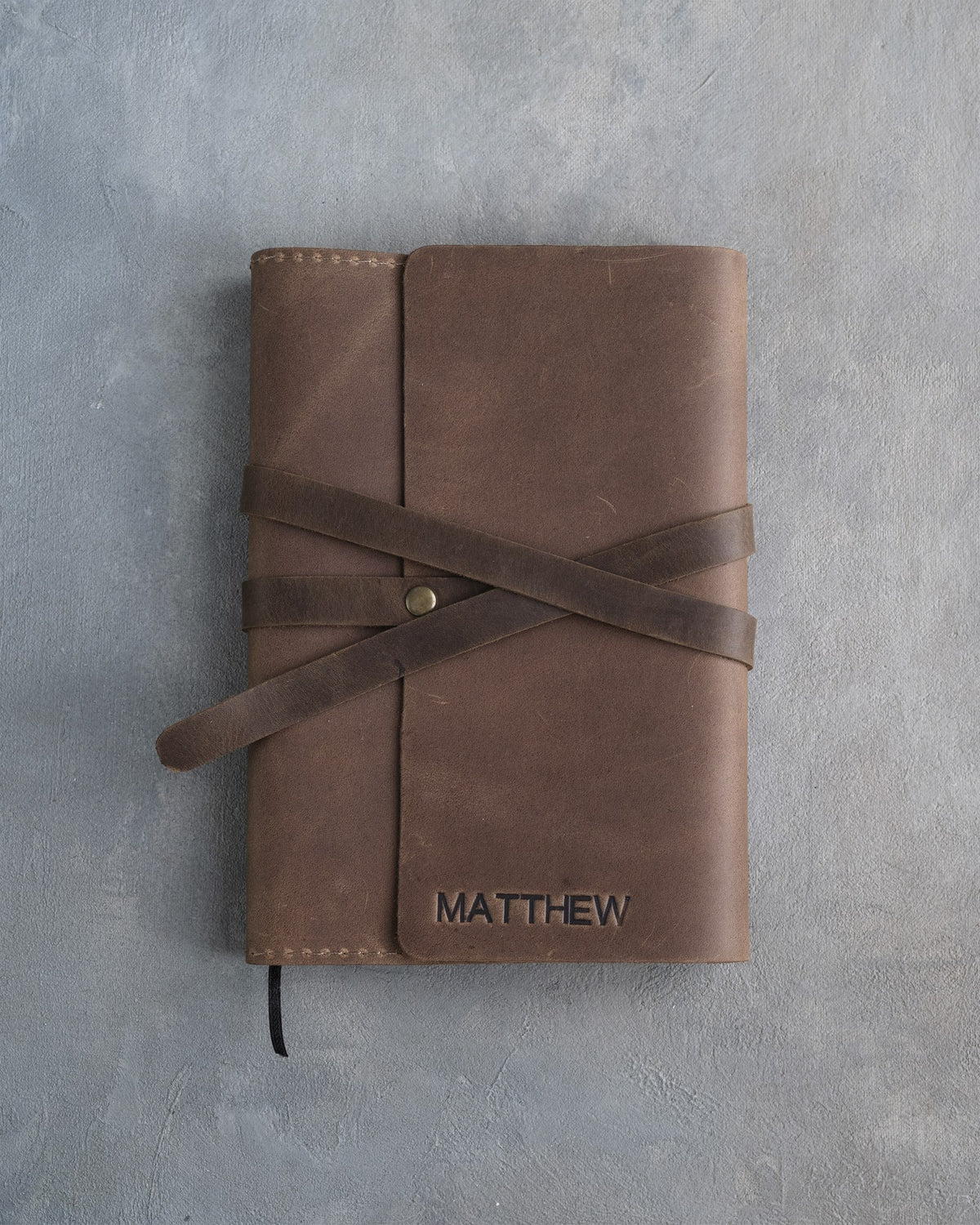 Sicilian Brown leather journal, Medium size, front with a debossed name