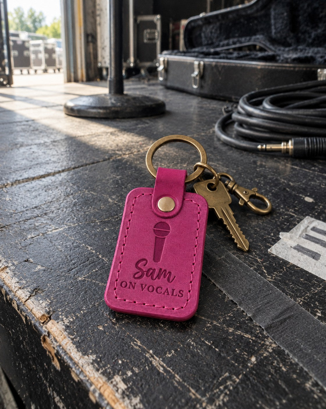 Sam ON VOCALS keychain in magenta leather clipped to a microphone bag on a stage monitor