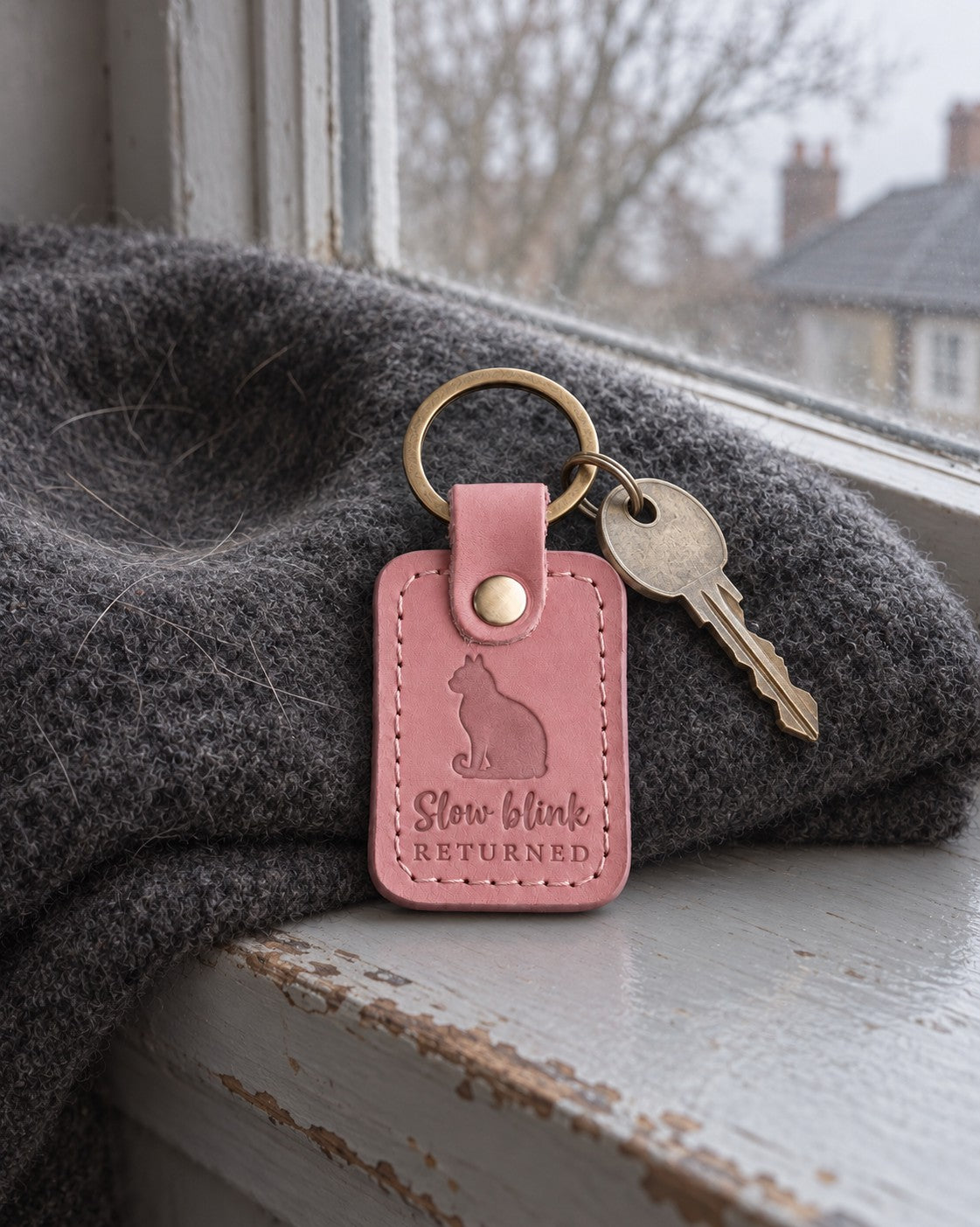 Pink Slow Blink Returned keychain on a bedside table in soft morning light