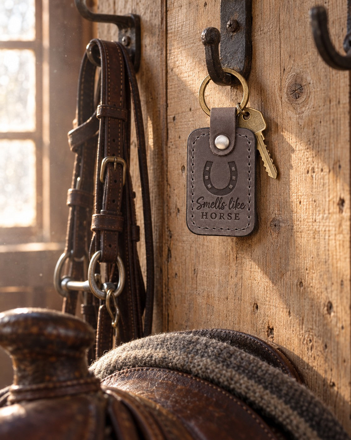 Country gray Smells like HORSE keychain on a forged bridle hook against rough pine boards in a tack room