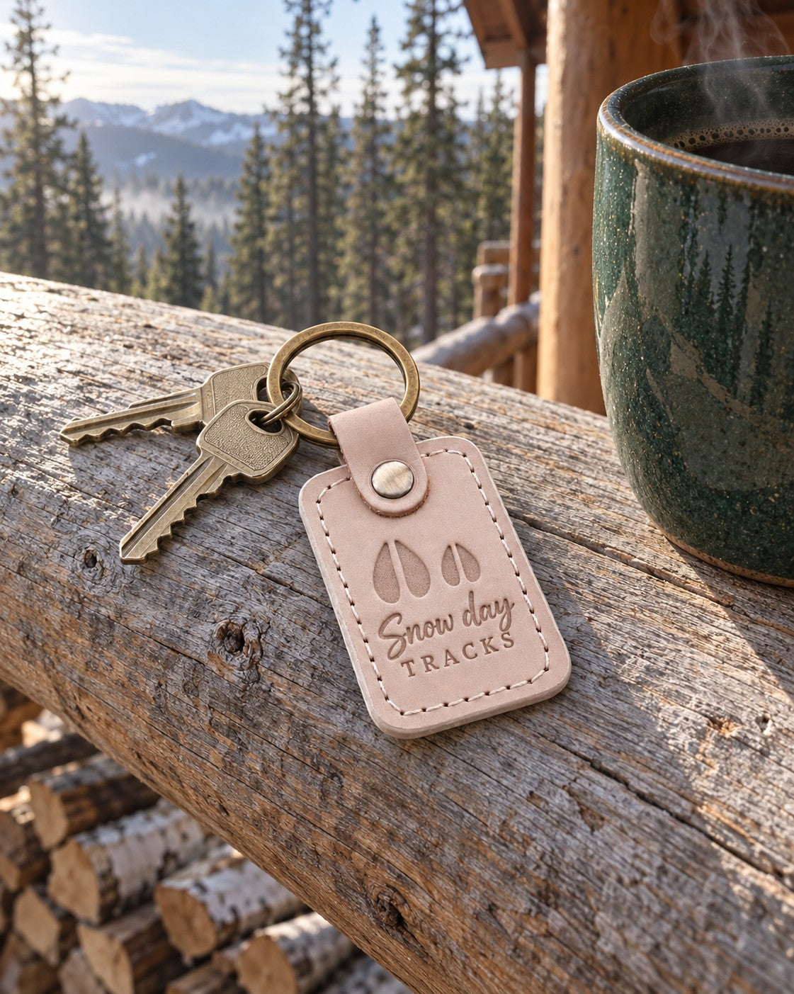 Snow Day Tracks keychain in pale gray leather resting on fresh snow beside a child's red mitten