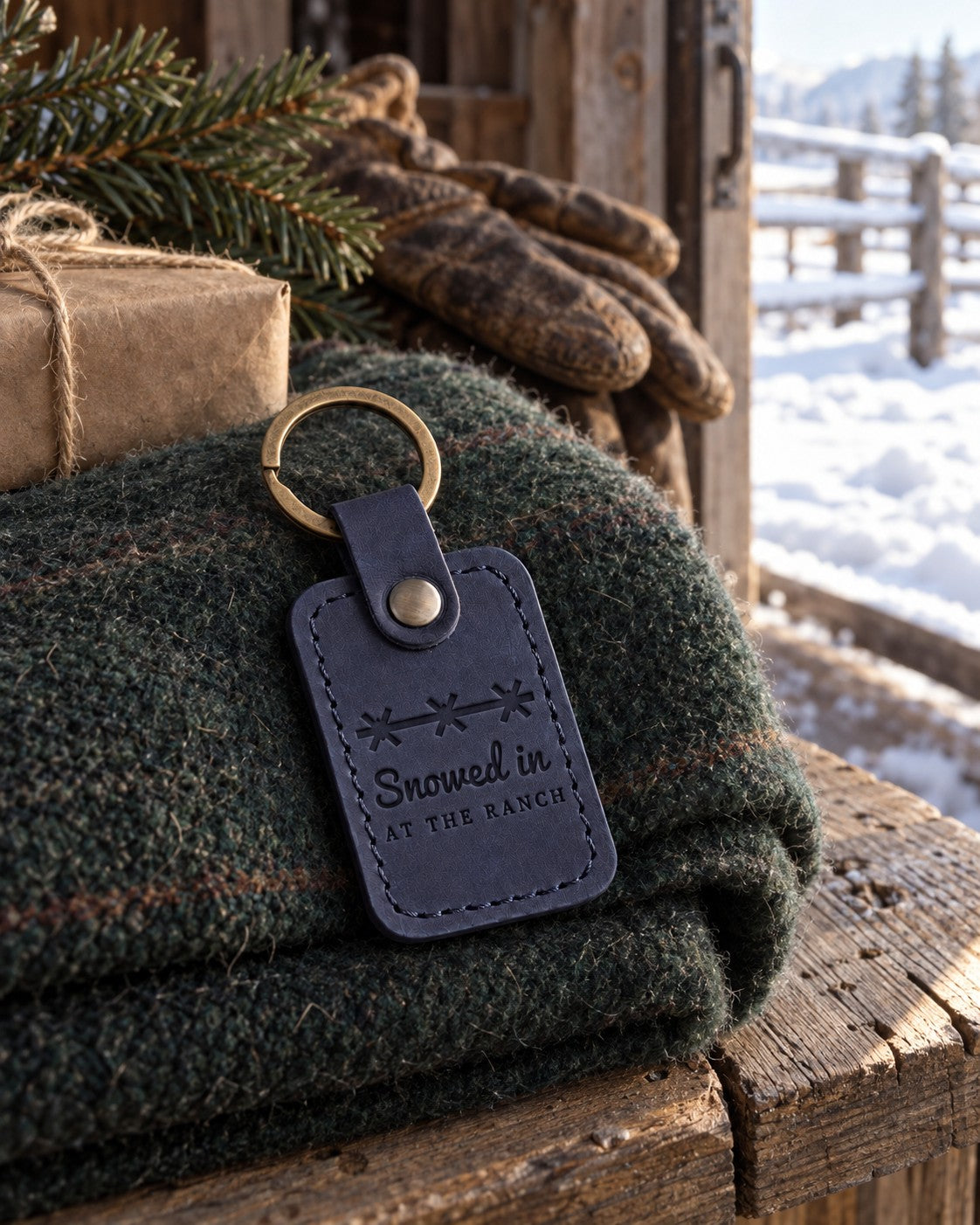 Blueberry Snowed in AT THE RANCH keychain on a folded green wool blanket inside a half-open barn door, snow deep on the corral rails outside