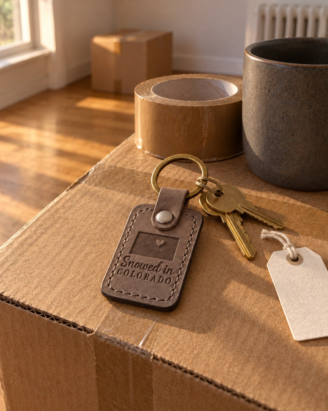 Gray Snowed In Colorado keychain on house keys beside a mug of cocoa on a windowsill with snow falling outside