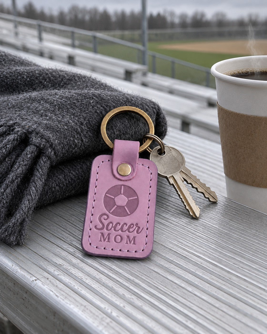 Lilac Soccer Mom keychain on car keys beside a pair of small cleats on a sideline blanket