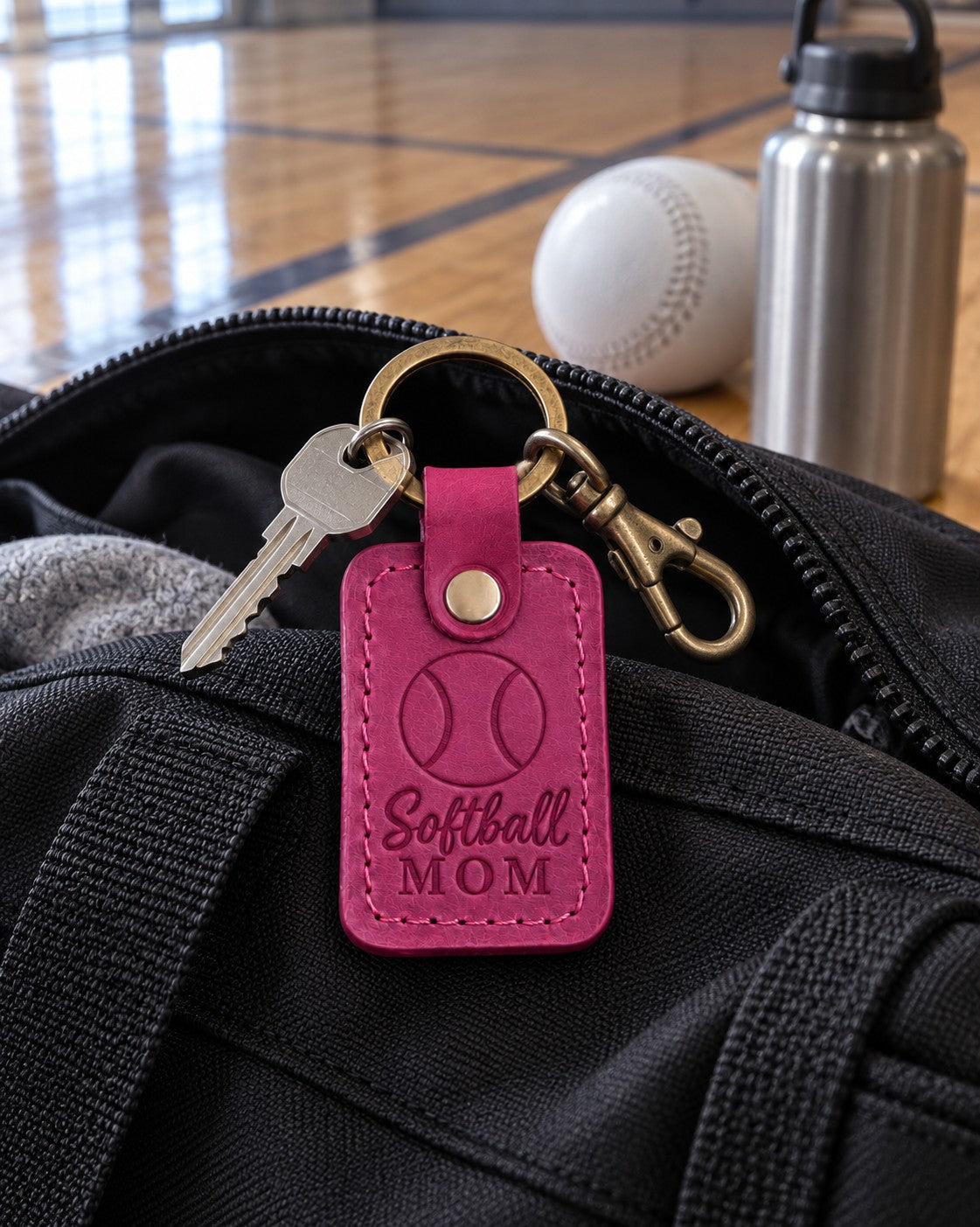 Bright pink Softball Mom keychain clipped to a bat backpack hanging on a dugout fence