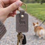 Gray Sploot Specialist keychain held on a park path while a fluffy corgi walks away on a leash behind