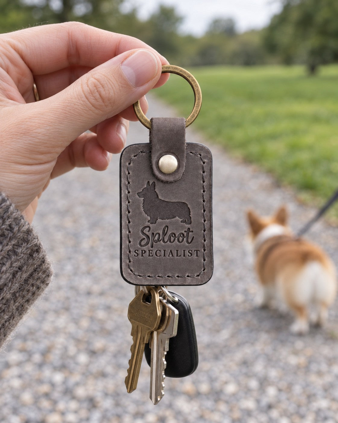 Gray Sploot Specialist keychain held on a park path while a fluffy corgi walks away on a leash behind
