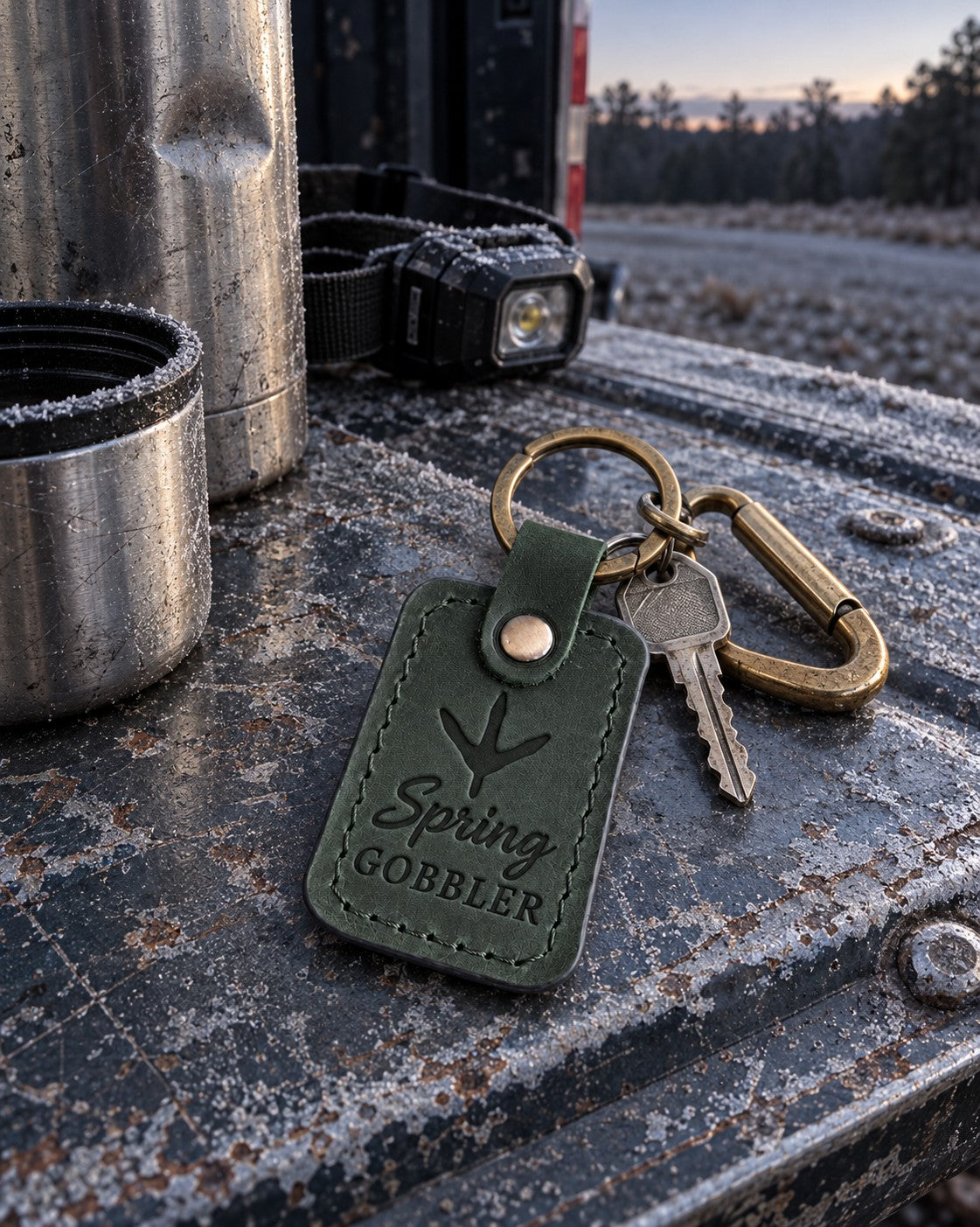 Green Spring Gobbler keychain resting on a turkey vest beside a slate call in fresh spring grass