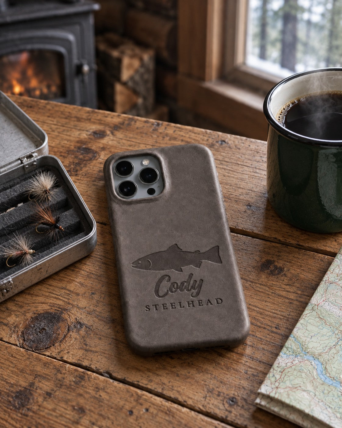 Country Gray Cody STEELHEAD iPhone case in full-grain leather on a knotty pine cabin table beside an open fly box and a green enamel coffee mug