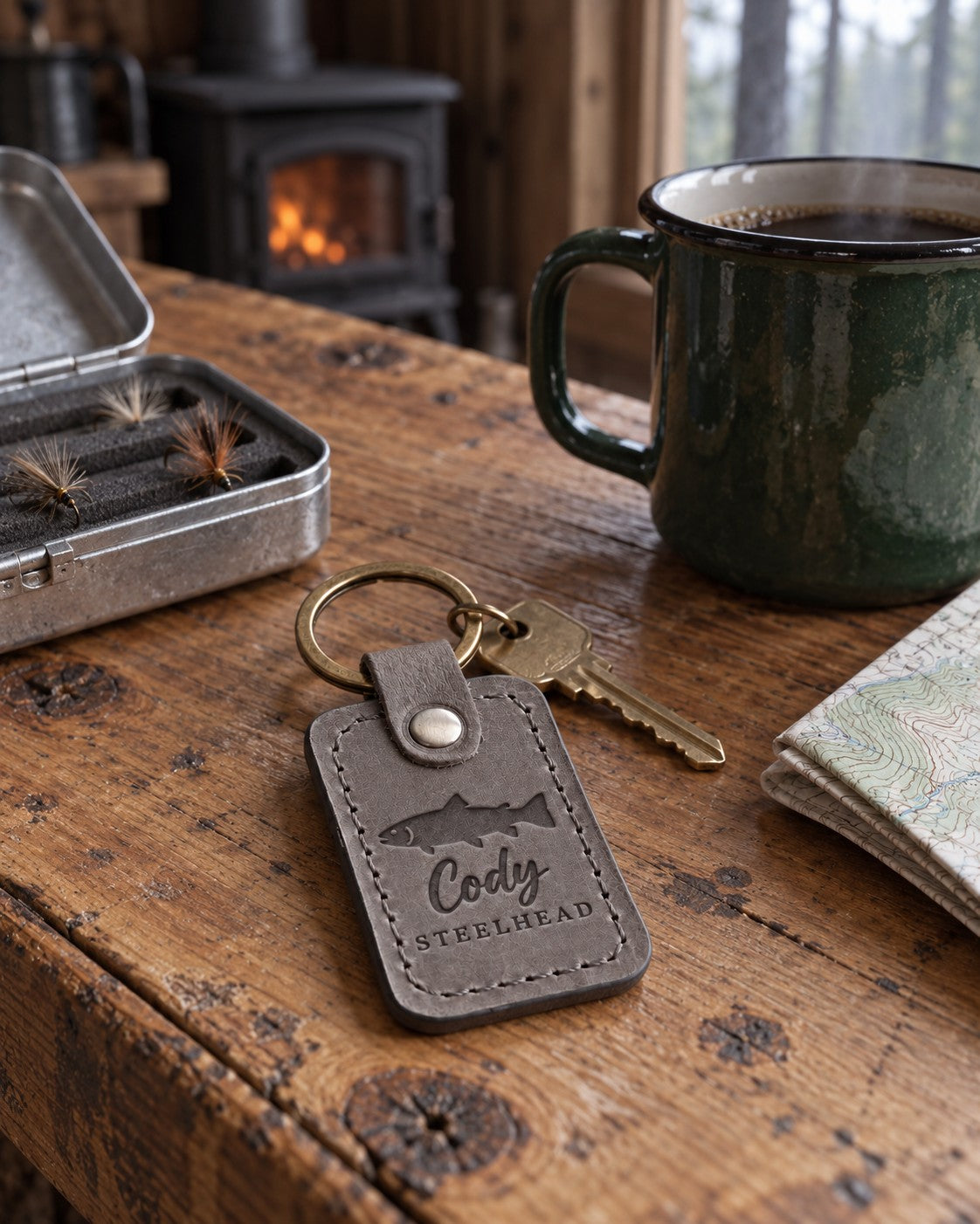 Country Gray Cody STEELHEAD keychain in full-grain leather on a knotty pine cabin table beside an open fly box and a green enamel coffee mug