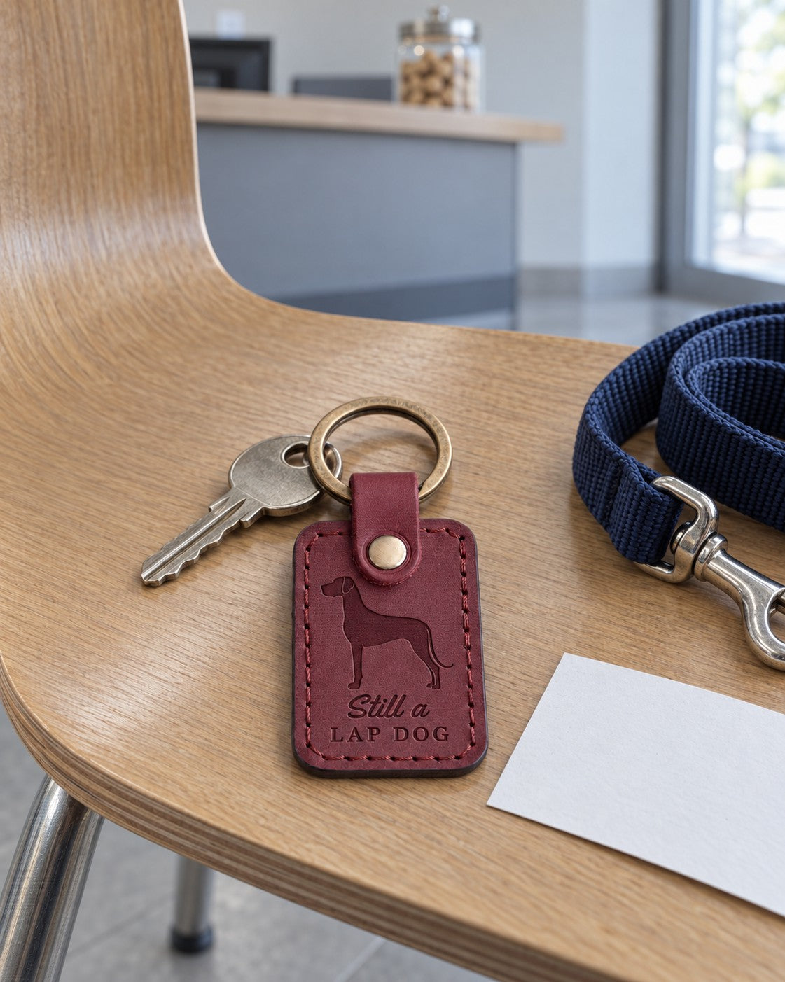 Wine red Still a Lap Dog keychain lying on a soft sofa cushion in afternoon light