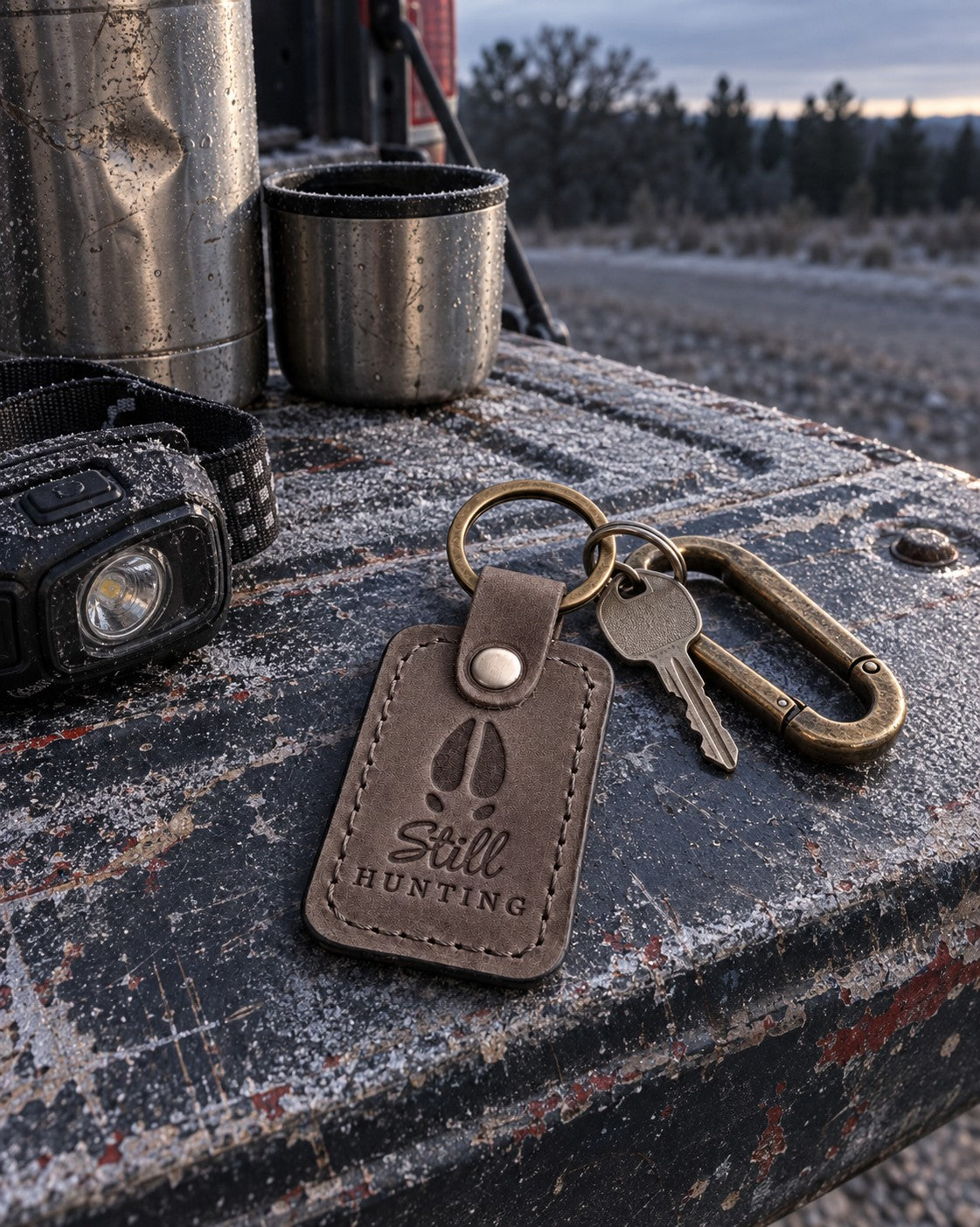 Gray Still Hunting keychain on a key hook by a back door with a covered dinner plate on the counter below
