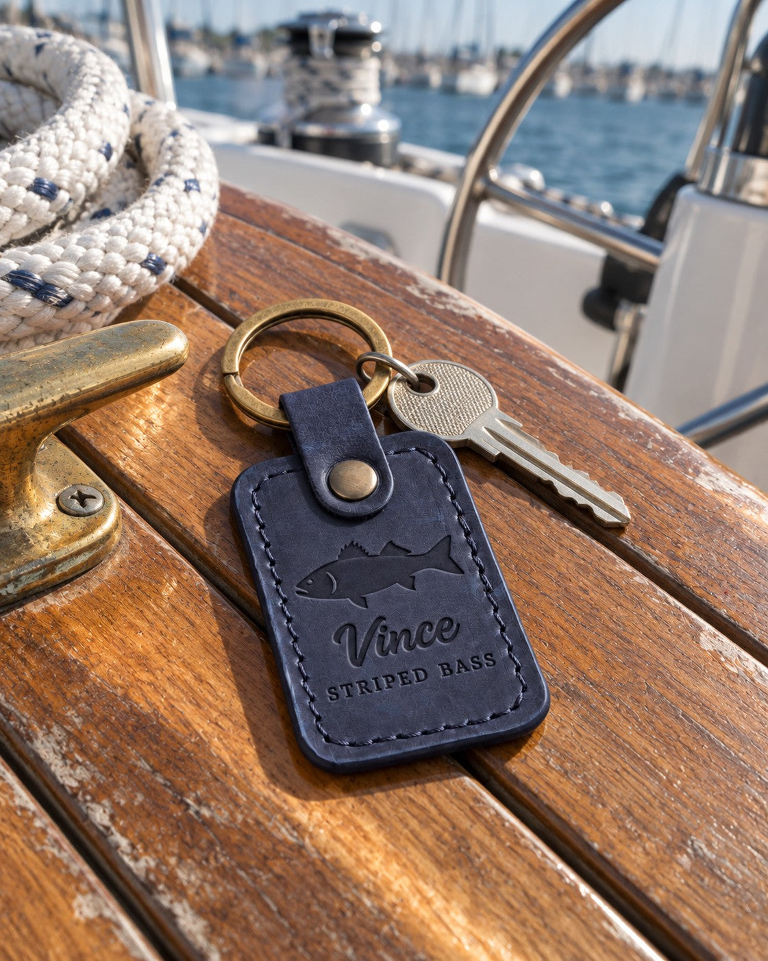 Blueberry Vince STRIPED BASS keychain in full-grain leather on the worn teak cockpit table of a sailboat beside a coiled white dock line