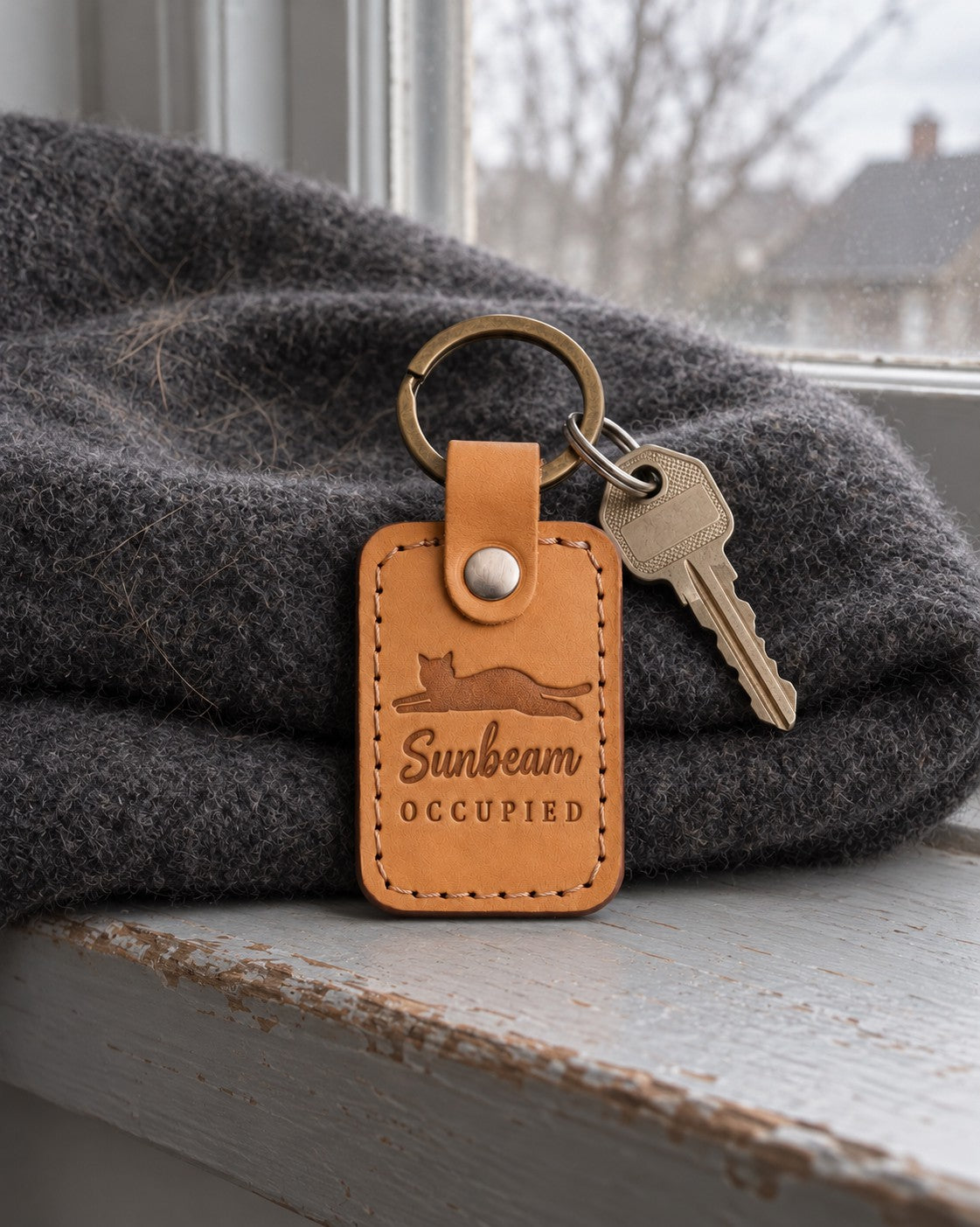 Amber Sunbeam Occupied keychain lying in a patch of sunlight on a wooden floor