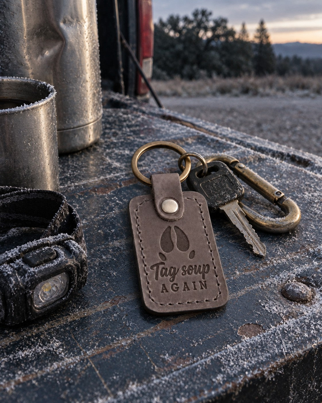 Gray Tag Soup keychain lying on a camp table next to a blue enamel bowl and a folded paper hunting license