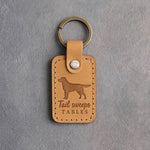 Indian Summer tan leather keychain debossed with a Labrador silhouette and the words Tail sweeps TABLES, on gray concrete