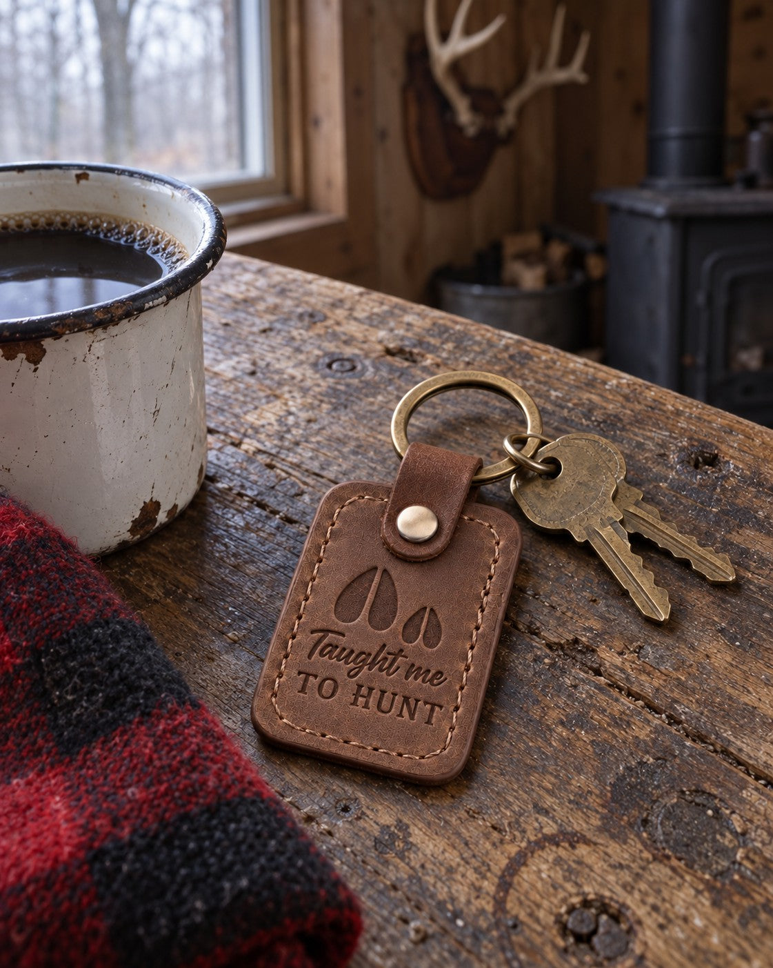 Taught Me to Hunt keychain in brown leather on an older man's key ring resting on a worn flannel shirt