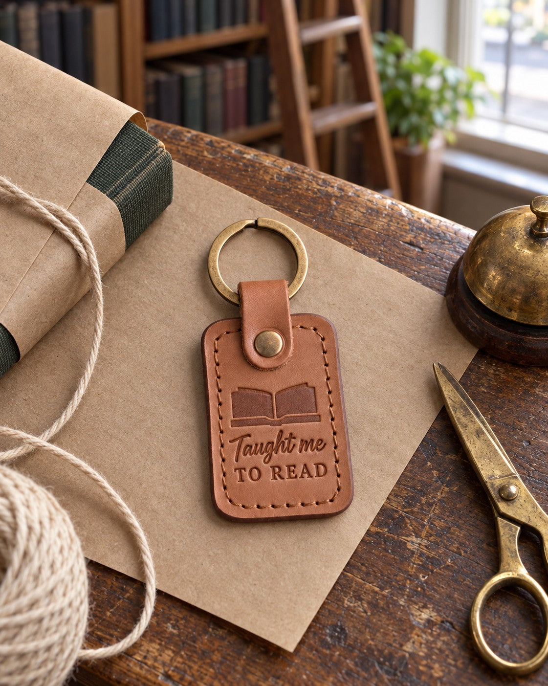 Caramel Taught me TO READ keychain on kraft paper beside a book half wrapped with cotton string