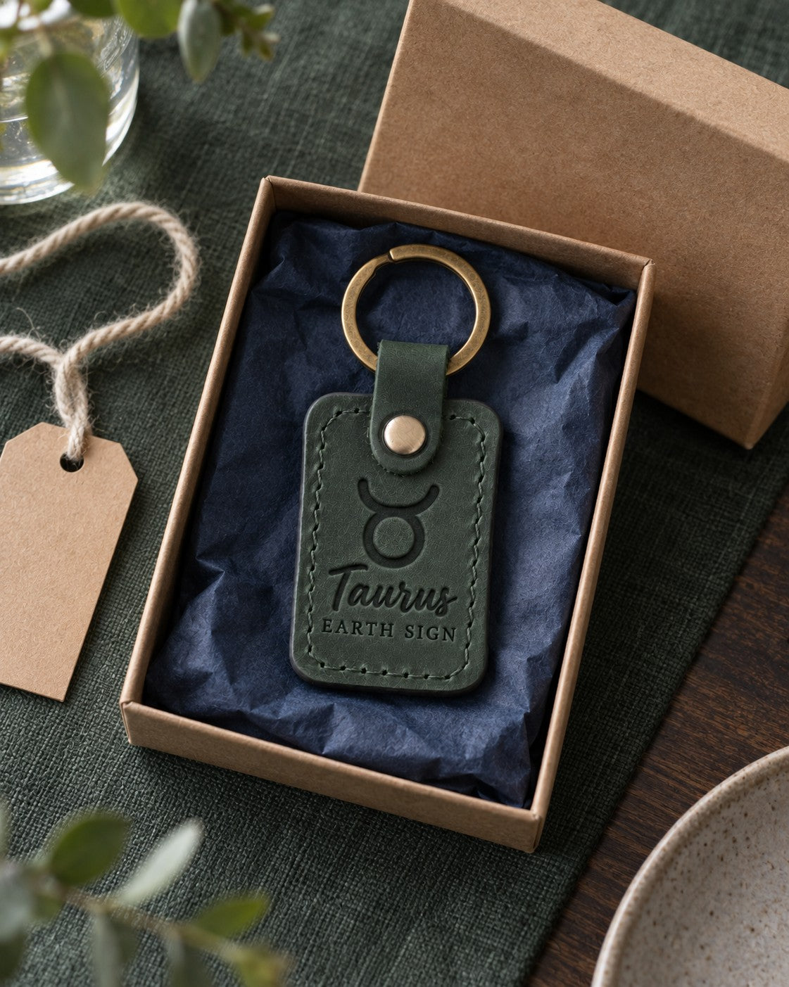 Green Taurus keychain on a key ring resting beside a potted plant on a sunlit windowsill