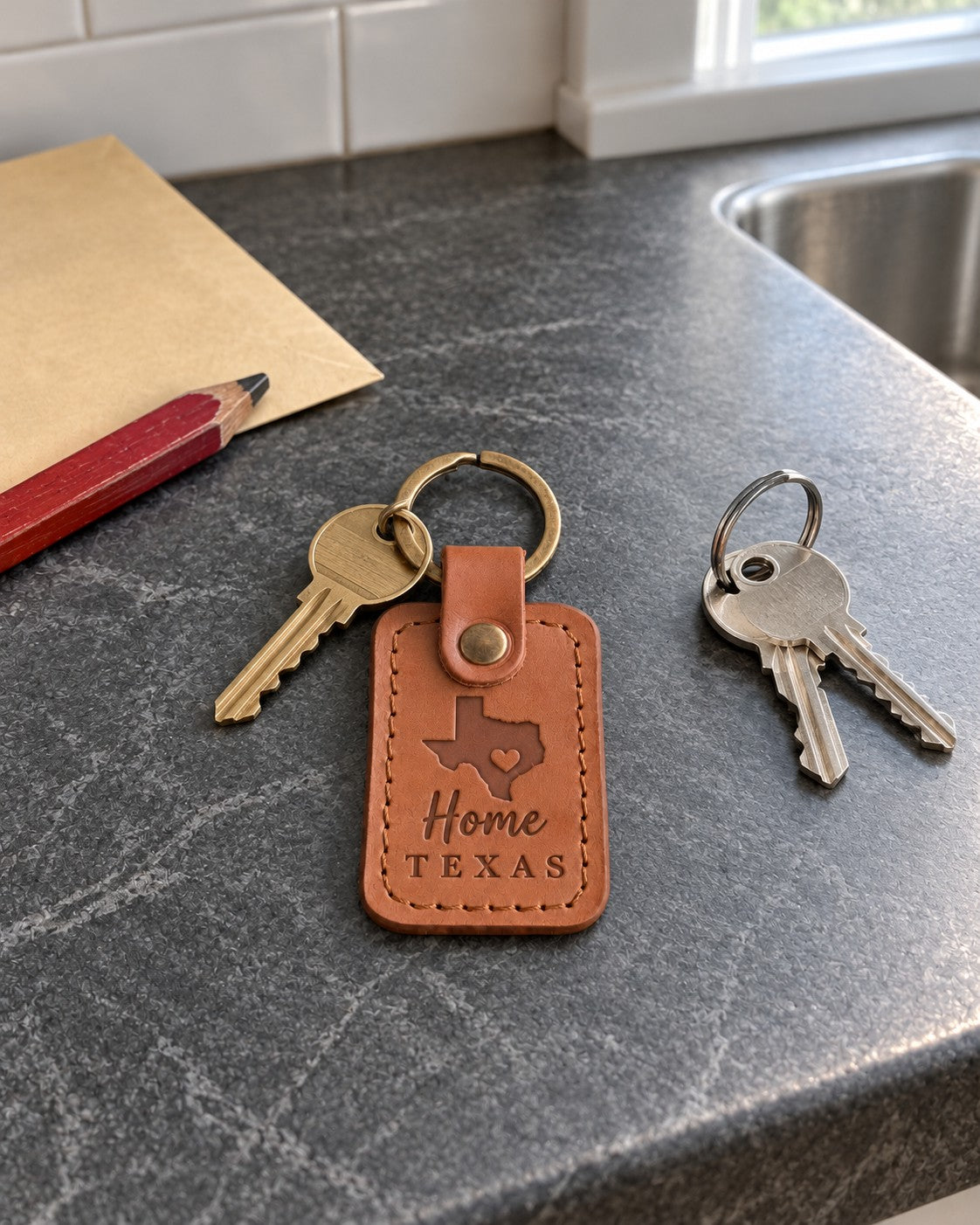Texas Home keychain in caramel leather hanging from a set of truck keys on a porch rail in warm evening light
