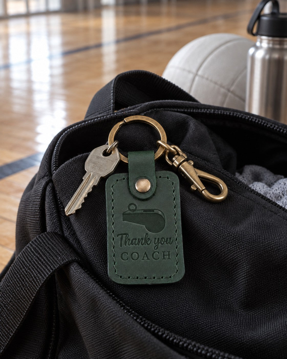 Green Thank You Coach keychain on a clipboard beside a whistle and a team card at the end of a season