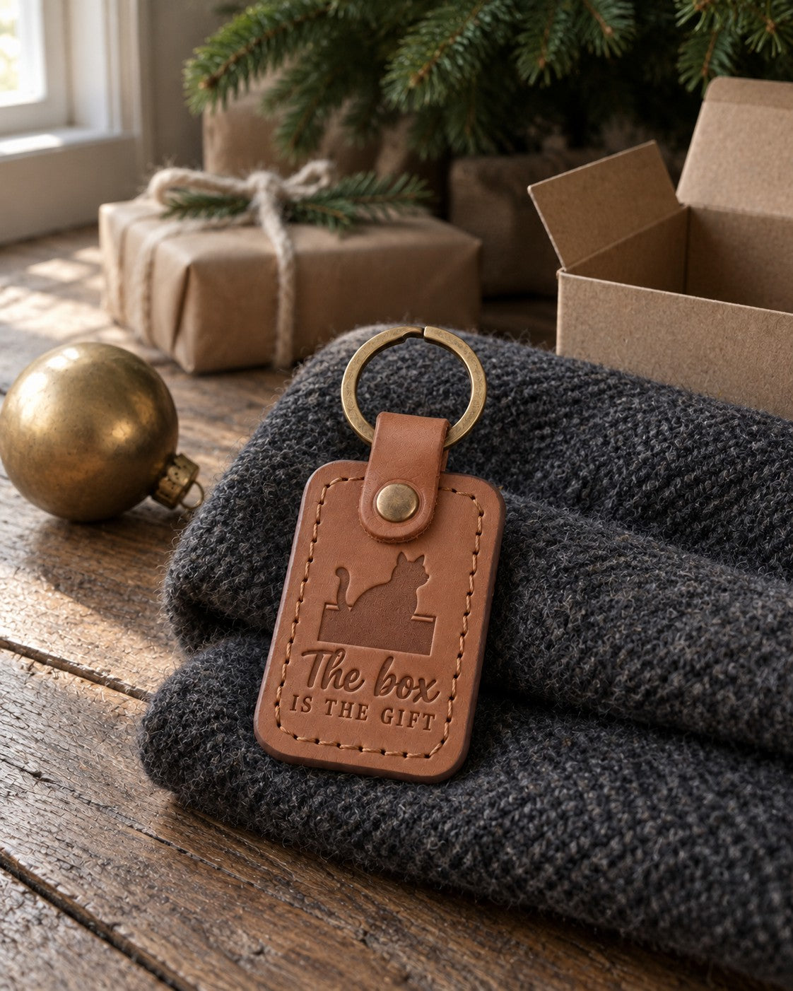 Caramel The Box Is the Gift keychain resting on top of an open cardboard shipping box