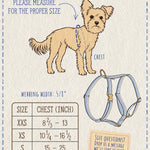 Size chart for the thin 5/8 in dog harness, XXS to S by chest