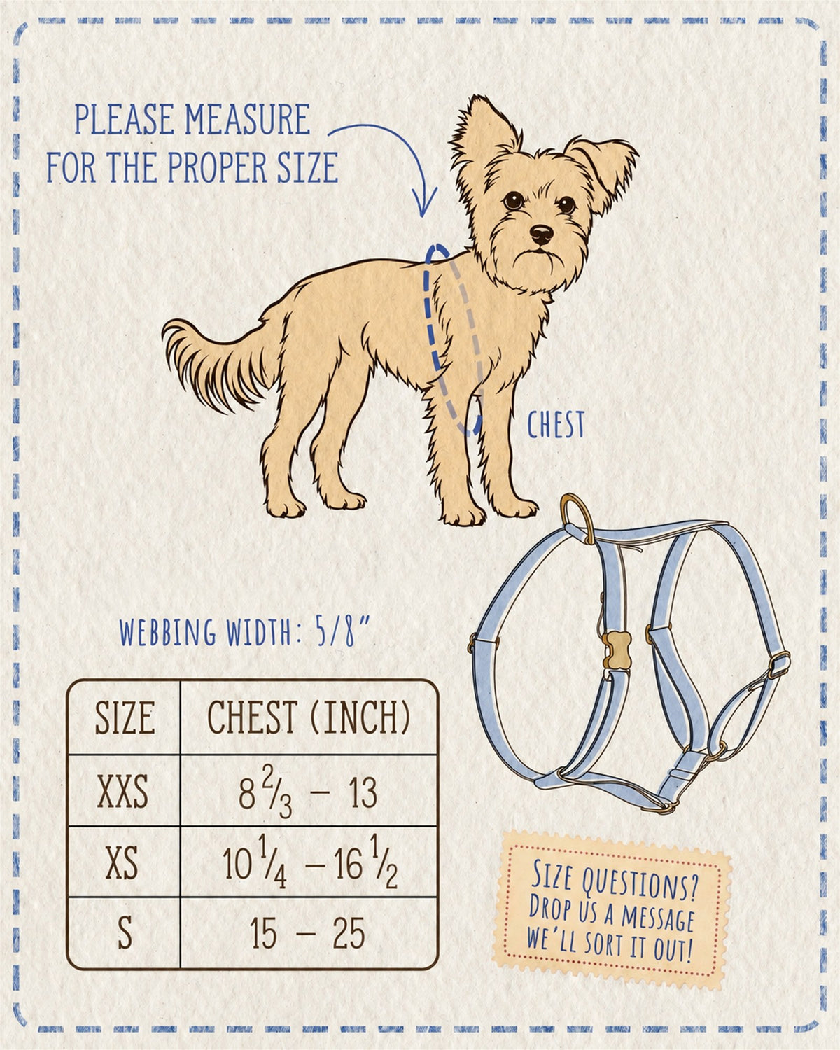 Size chart for the thin 5/8 in dog harness, XXS to S by chest