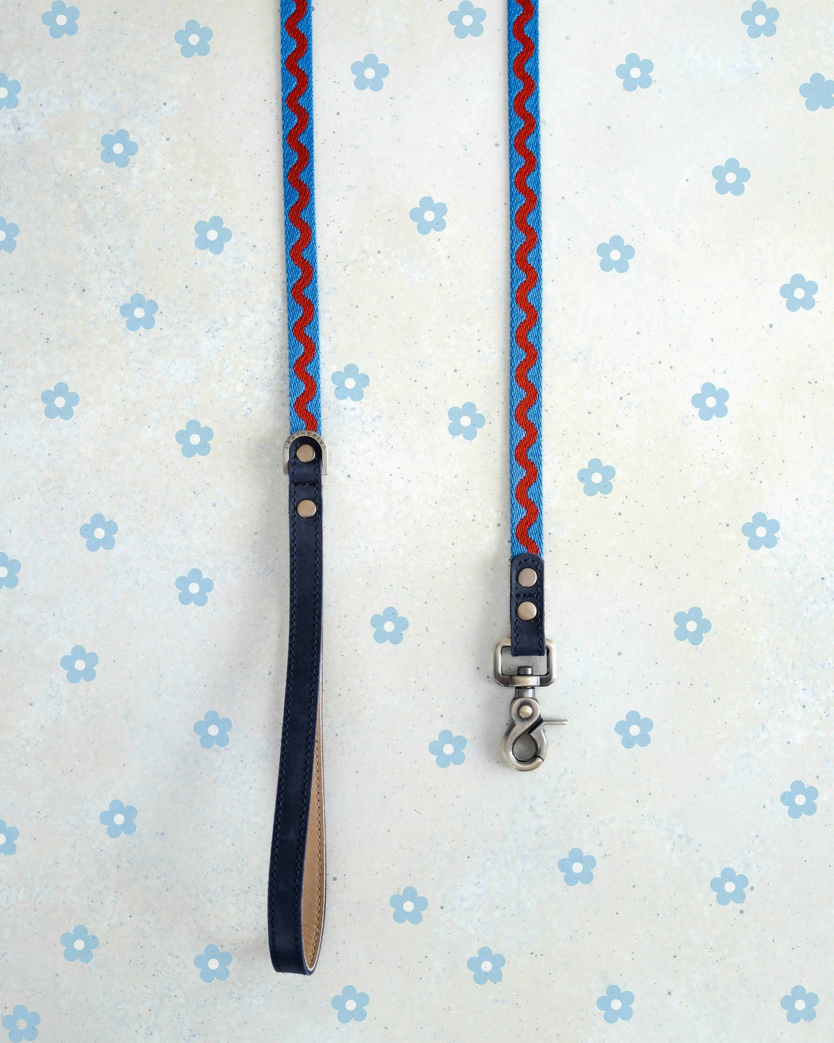 Two thin webbing leashes in blue ric rac hanging side by side
