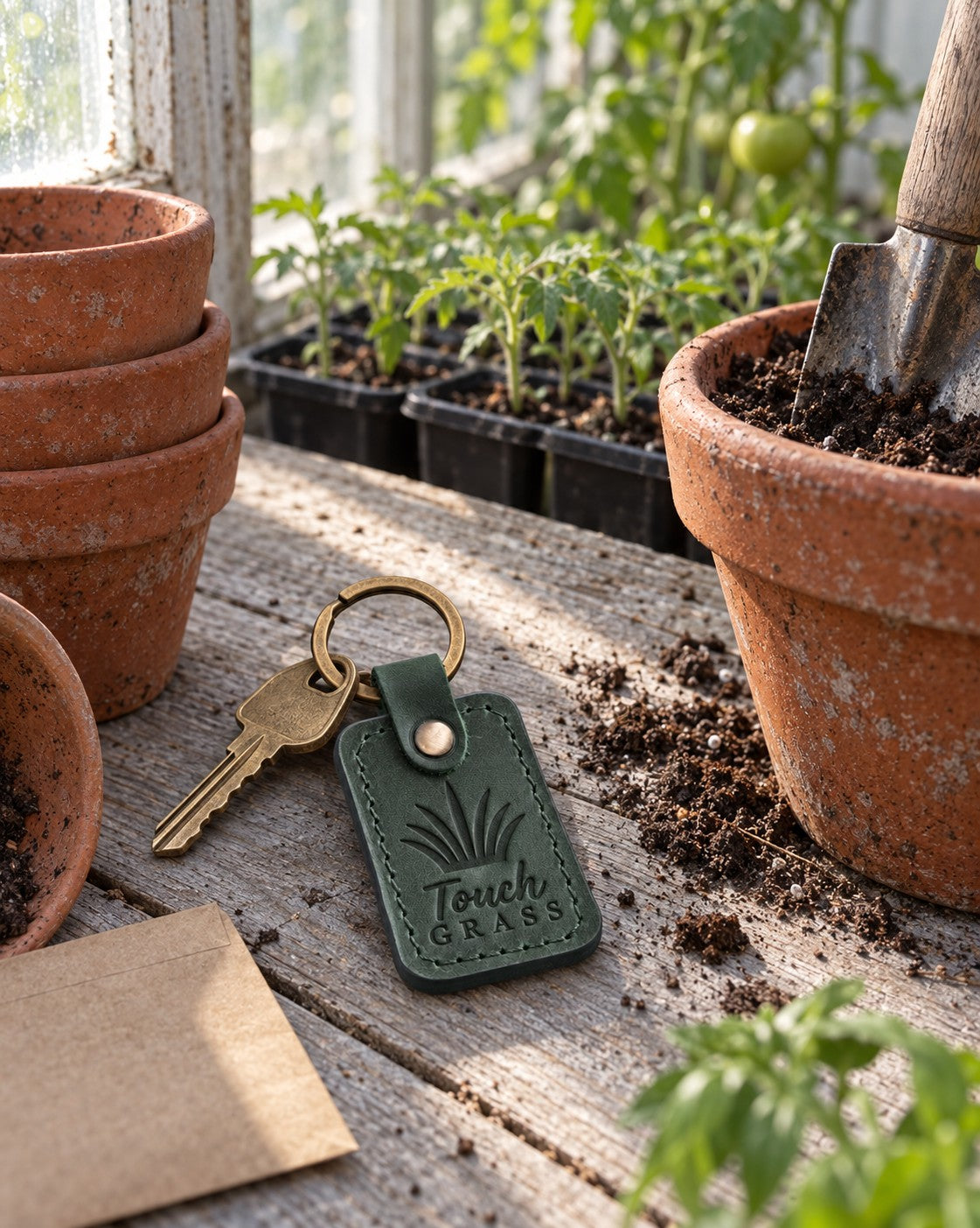 Green Touch Grass keychain lying on a fresh-cut lawn beside a pair of sneakers