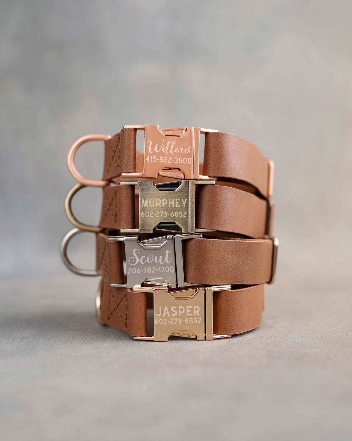 Engraved quick-release buckles on matching leather dog collars
